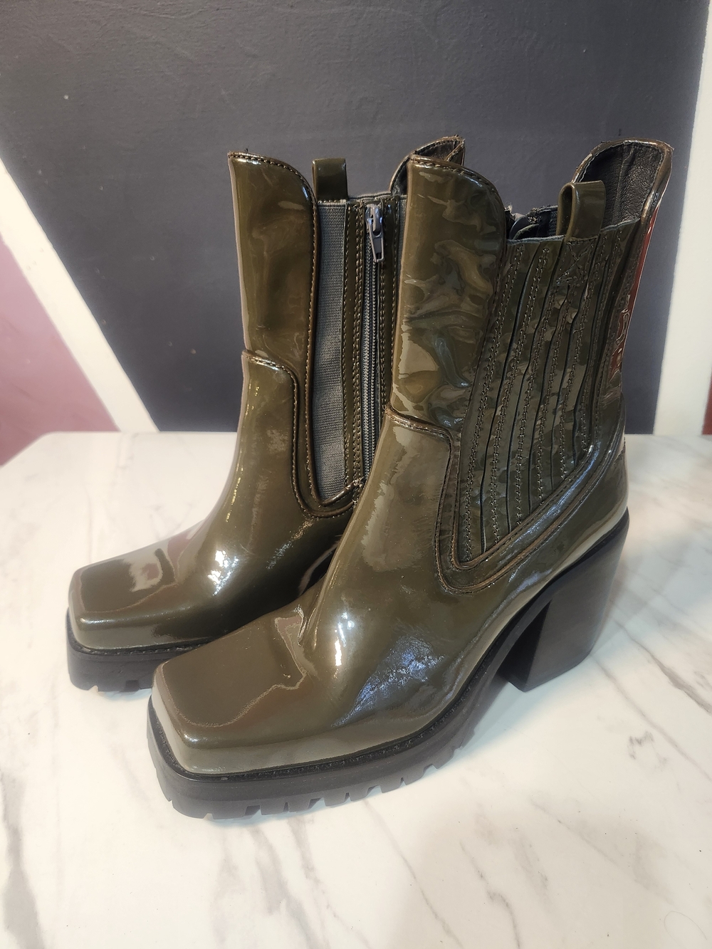 Jeffrey Campbell Olive Patent Platform Ankle Boots - Women Size 10